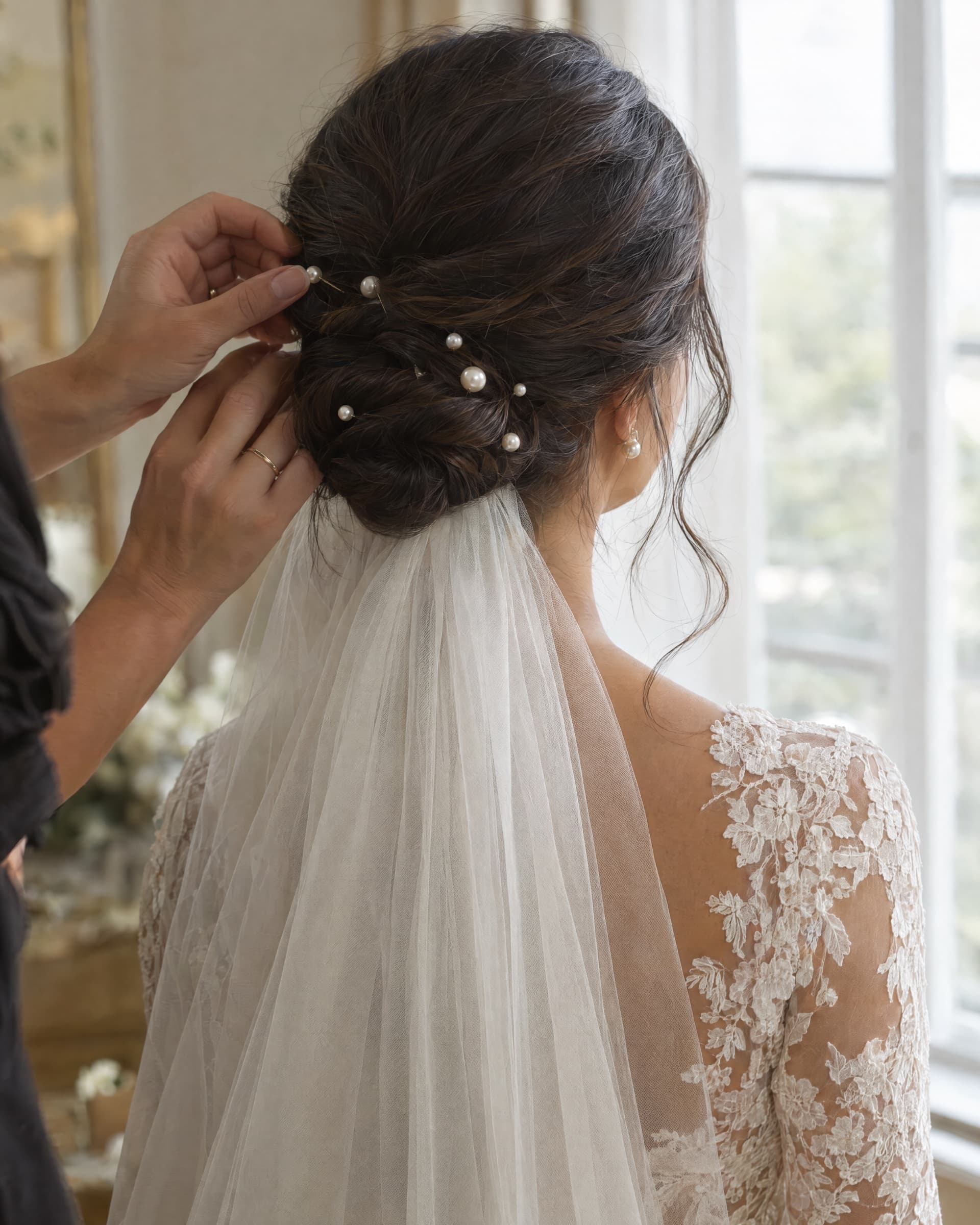 An artist pinning pearls into a bride's low chignon, her veil falling over her lace dress