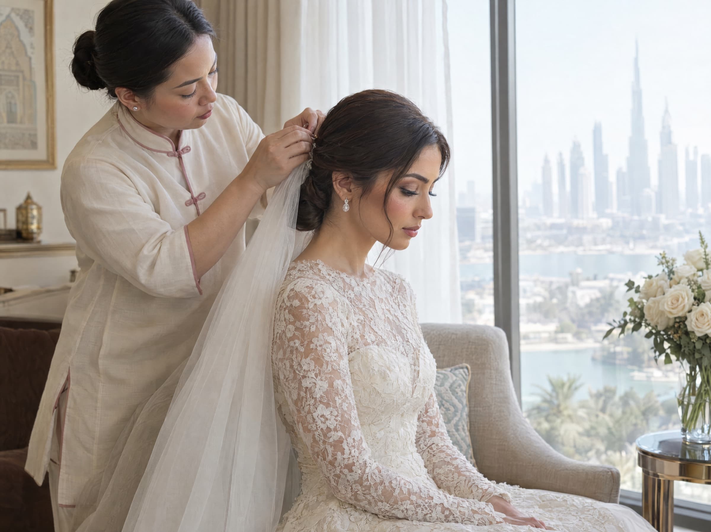 A bride in her family home having her veil pinned by a Hamd Beauty artist, daylight from a tall window