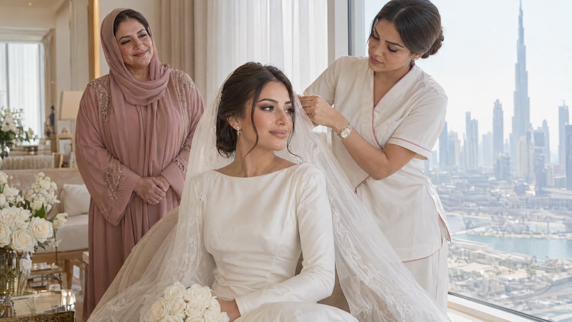 A bride seated by a window at home while a makeup artist sets her veil, her mother watching from behind