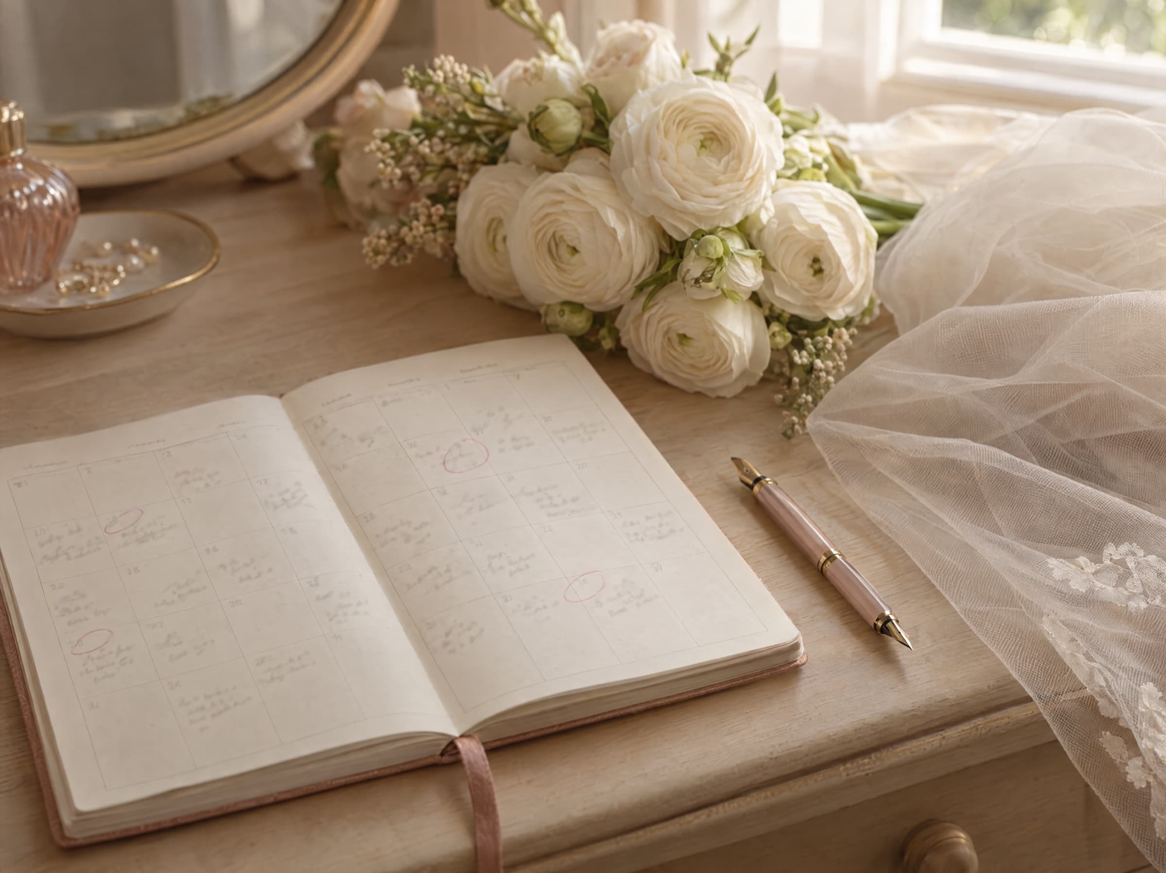 A wedding planner notebook open on a dressing table with dates circled, beside a veil and a small bouquet