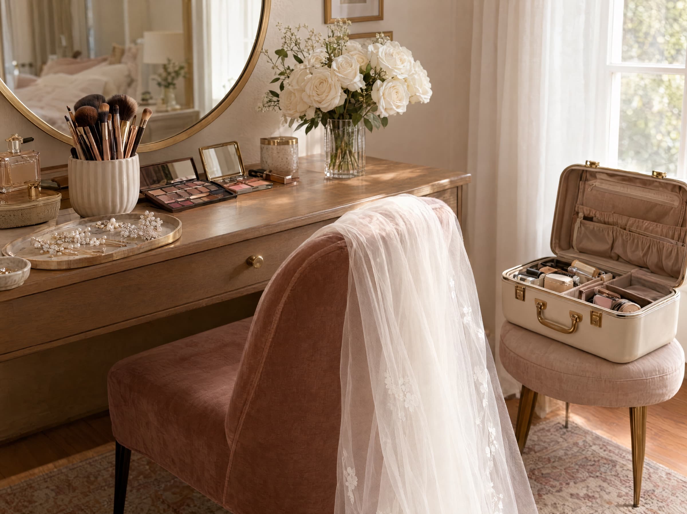 A veil laid over a velvet chair at a dressing table set with brushes, hair pins and white roses, an open makeup case beside it