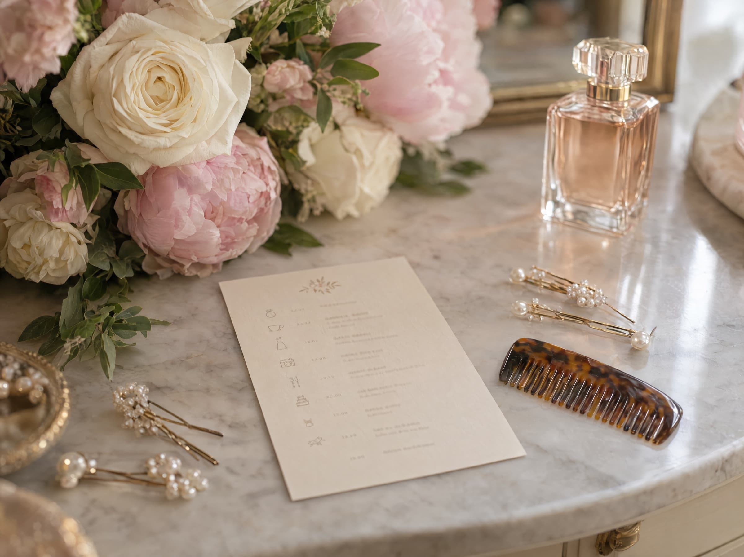 A printed wedding-morning schedule on a dressing table beside hair pins and a bouquet