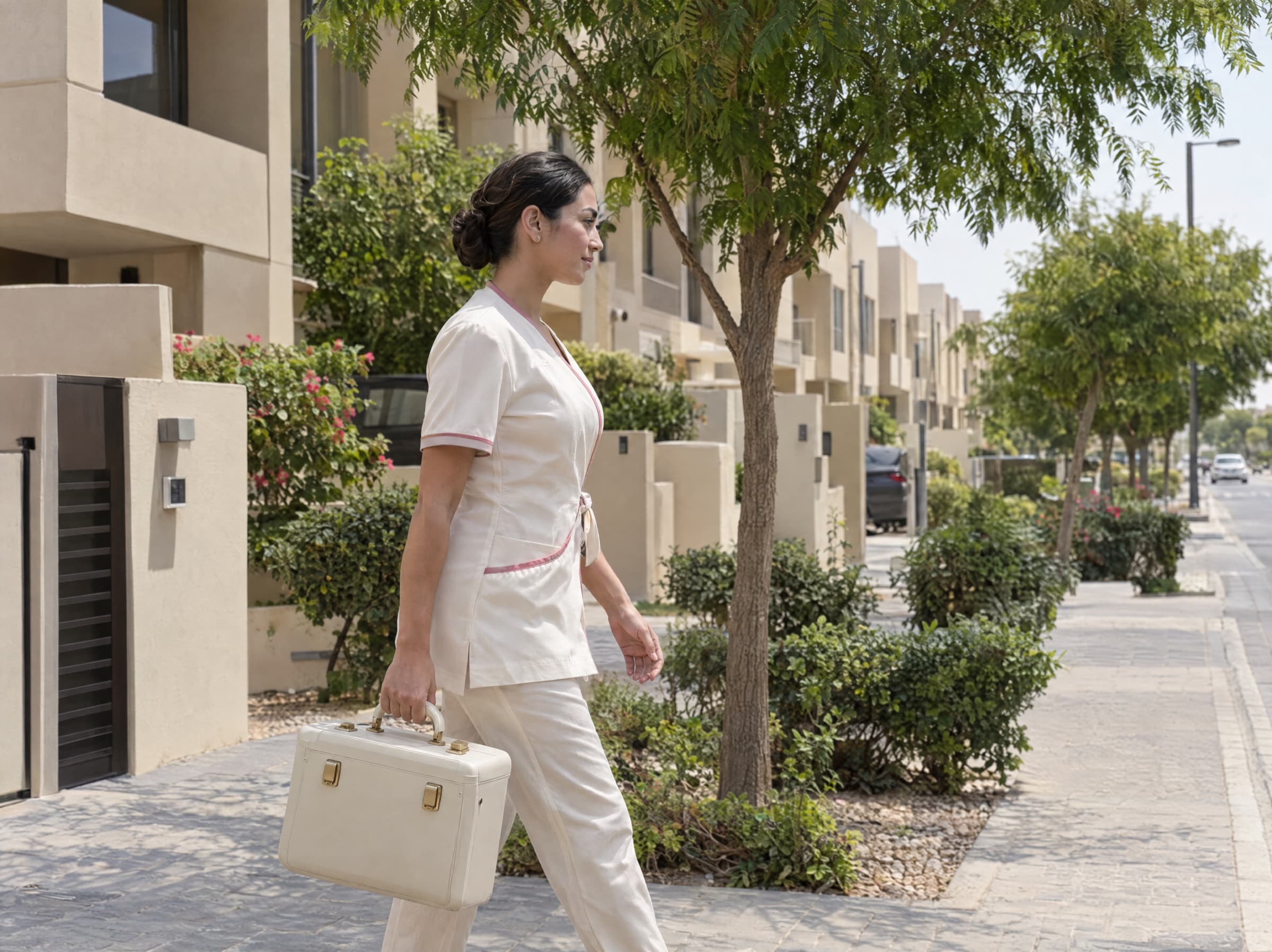 A therapist with her kit case arriving at a home in Al Warqa, Dubai