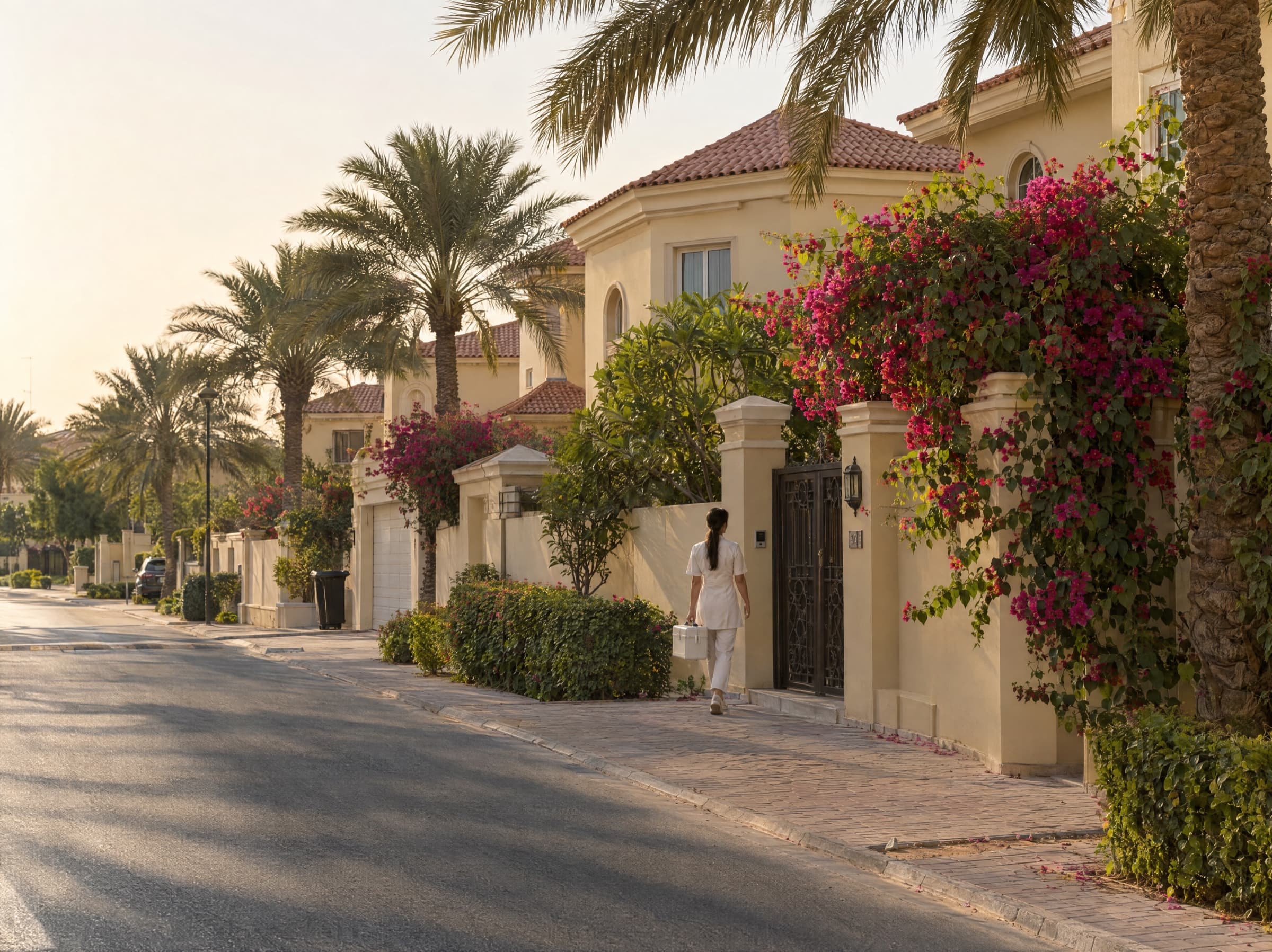 A quiet residential street of villas in Mirdif in late afternoon light, a therapist walking to a gate with her kit case
