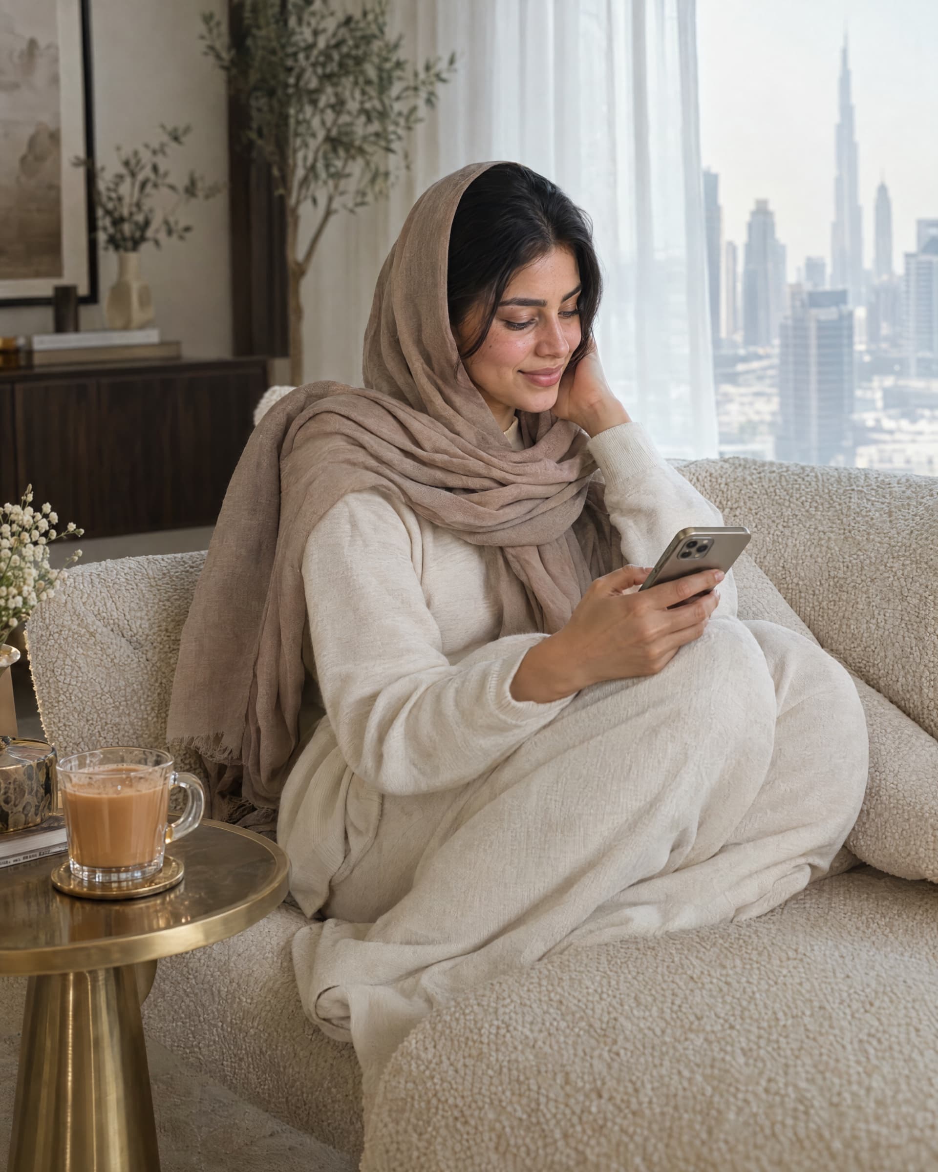 A woman on her sofa choosing a service on her phone, a cup of karak on the side table