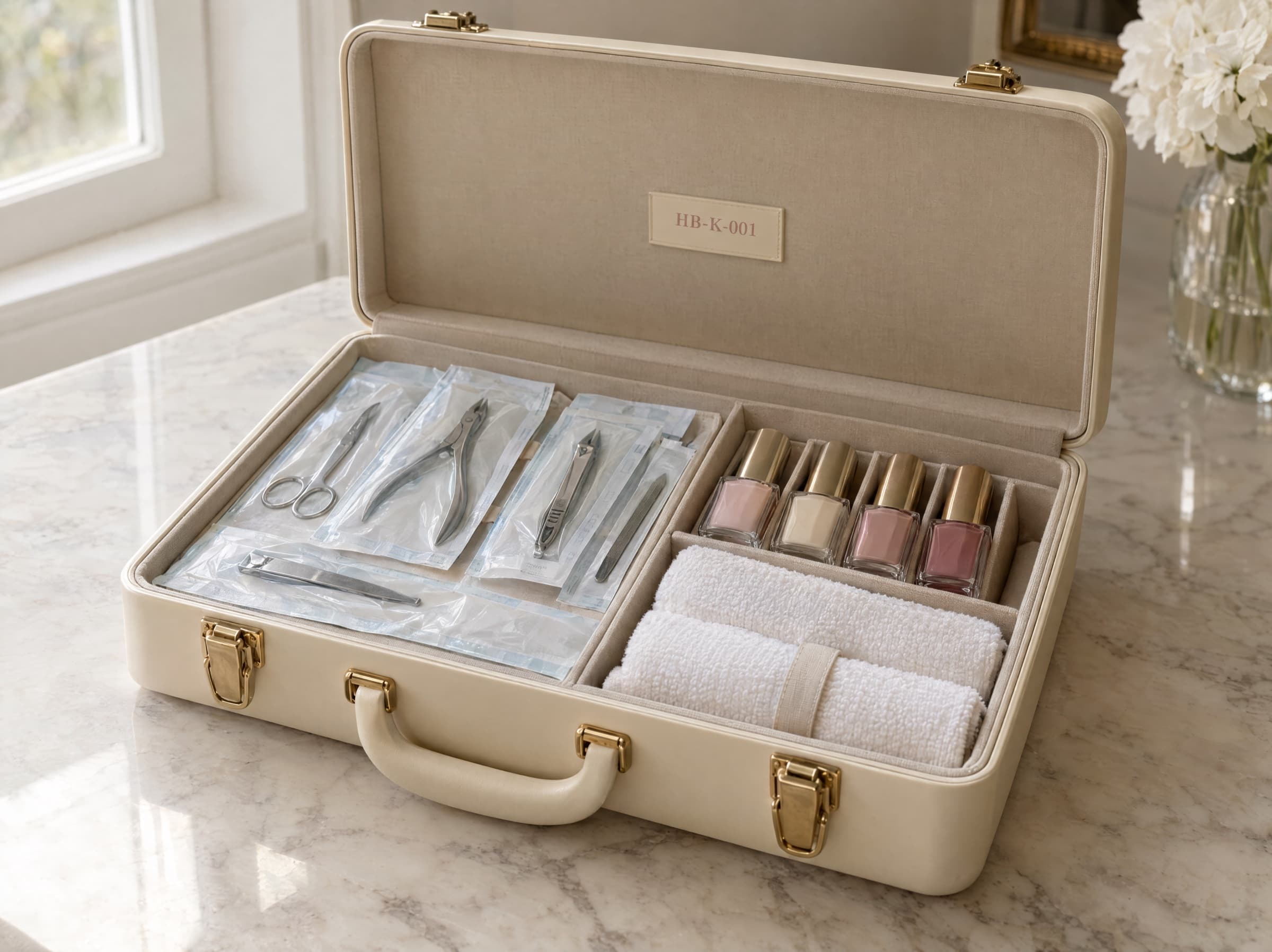 An open kit case on a marble table showing sealed pouches and a numbered kit label