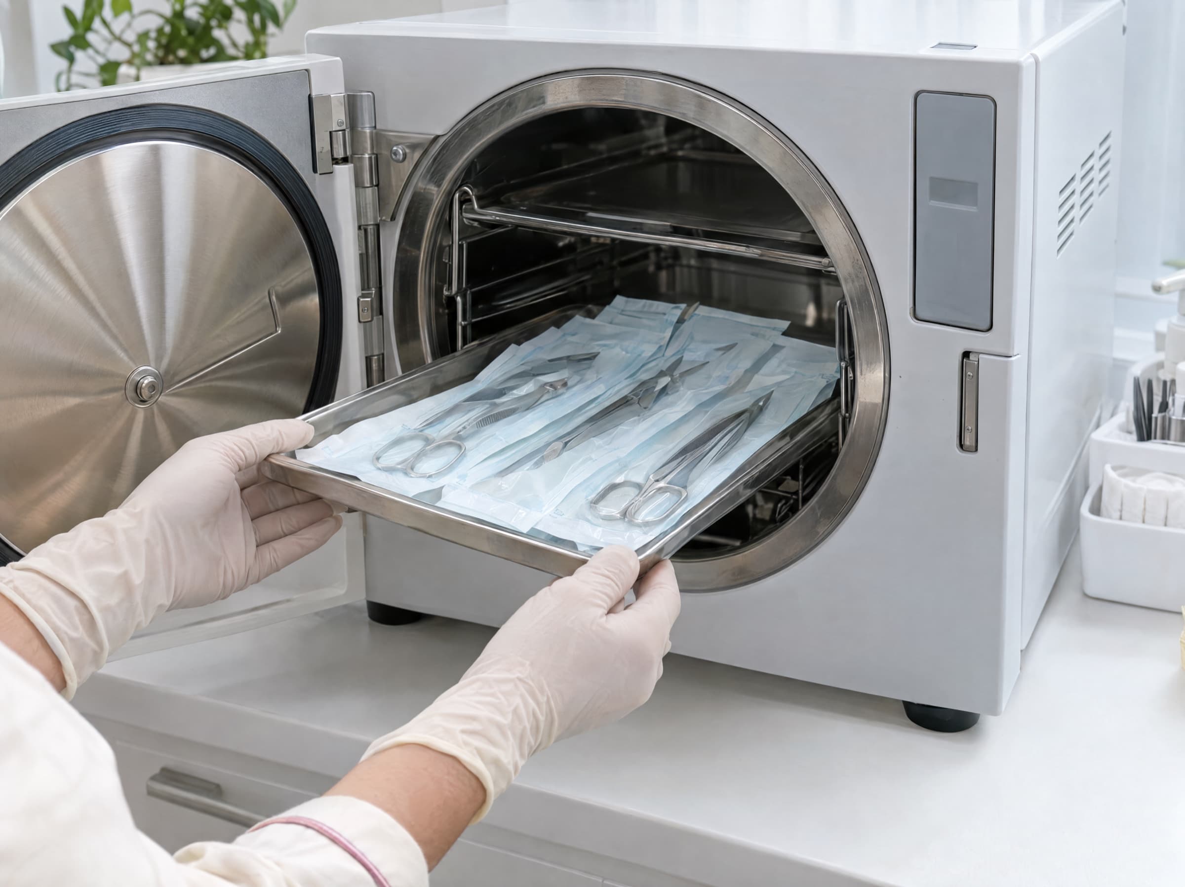 Gloved hands loading sealed pouches into a tabletop autoclave