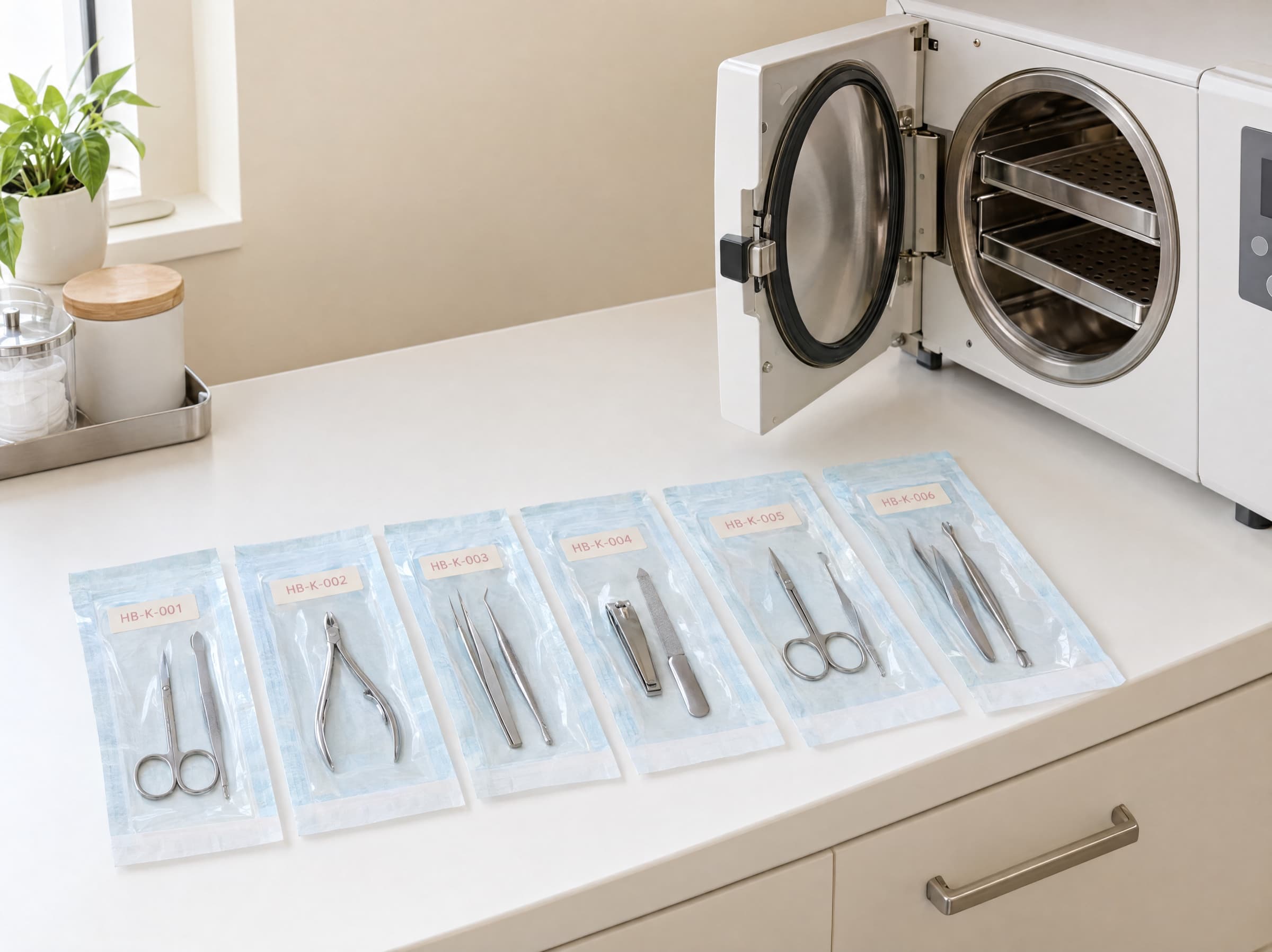 Sterilisation pouches of metal manicure tools laid in a row beside an autoclave, each pouch labelled with a kit number