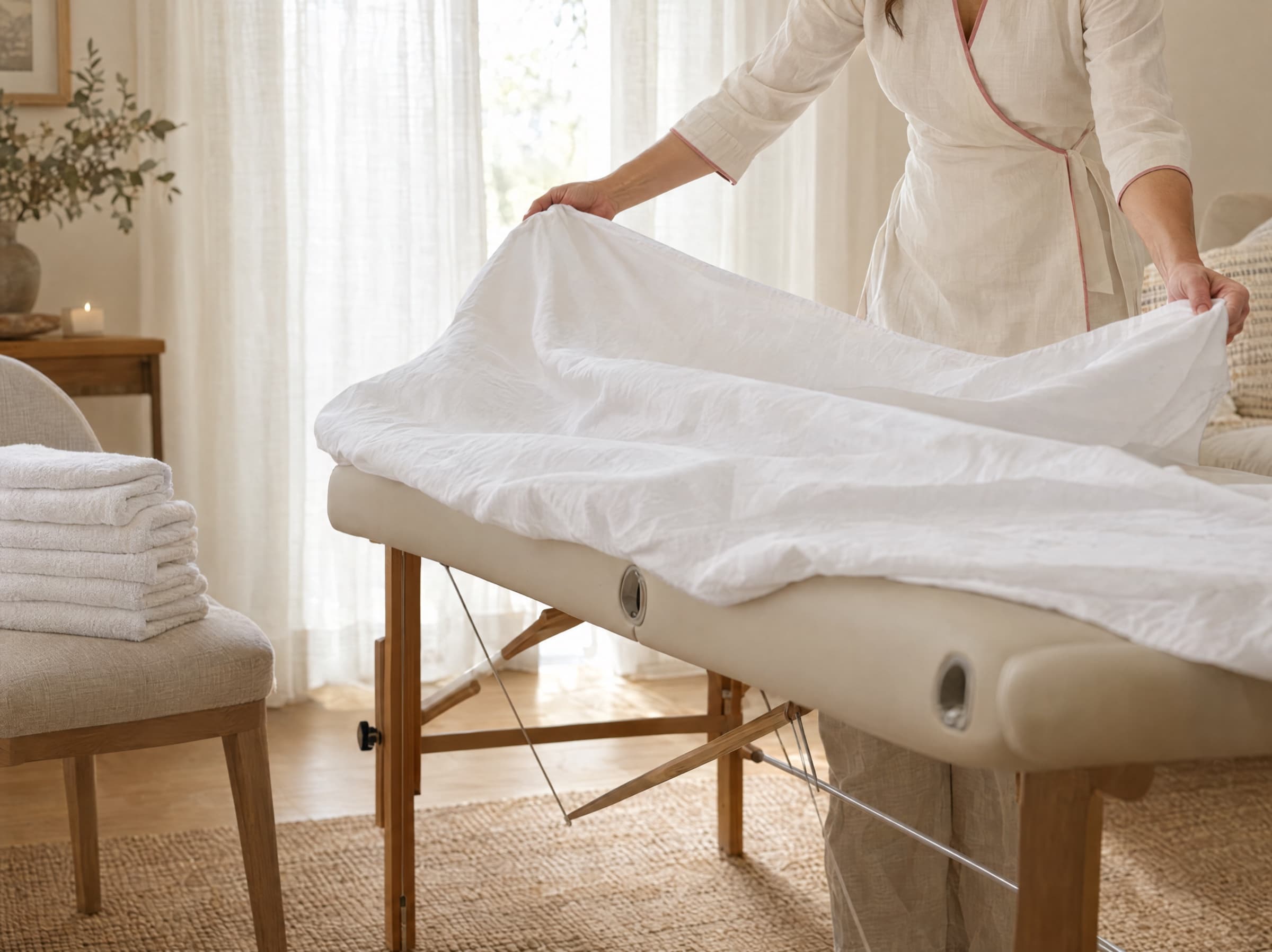 A stack of folded white towels and a fresh sheet being laid over a massage table