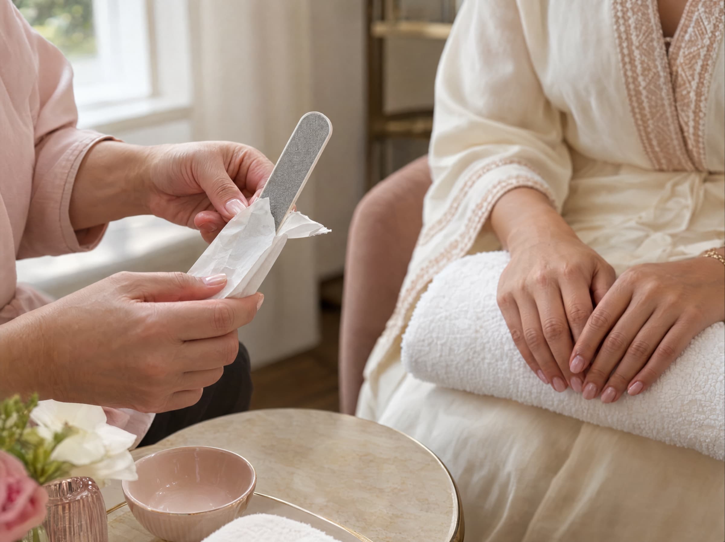 A therapist opens a new nail file from its wrapper while her client, in a cream robe, rests both hands on a folded white towel