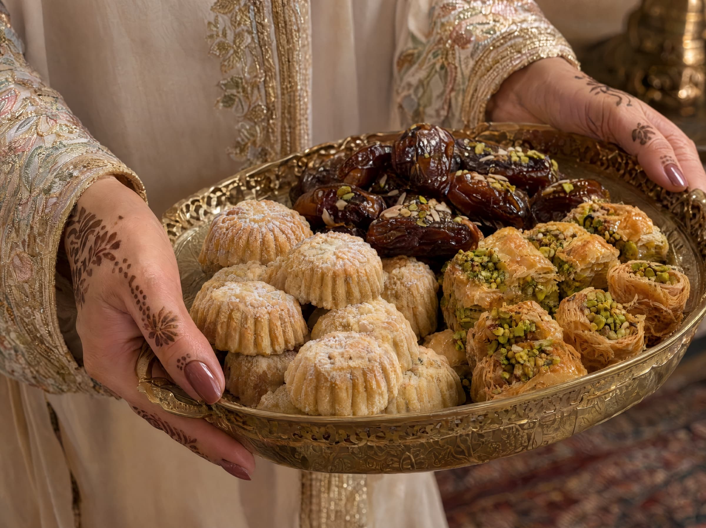 Hands with fresh henna on the fingers holding a brass tray of dates, maamoul and kunafa in front of an embroidered gold kaftan