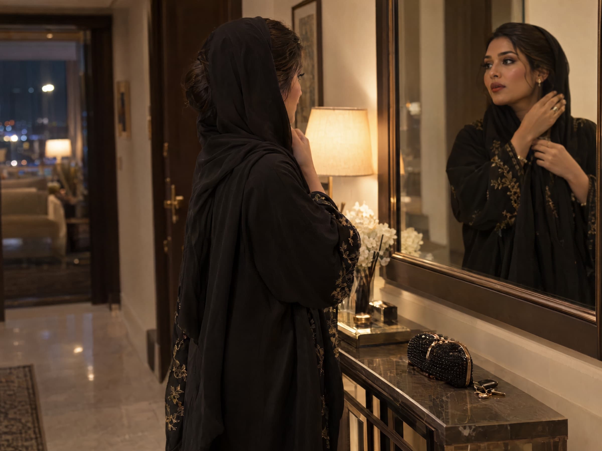 A woman in a black abaya embroidered with gold checking her evening makeup in a hallway mirror at night, a beaded clutch on the console beside her