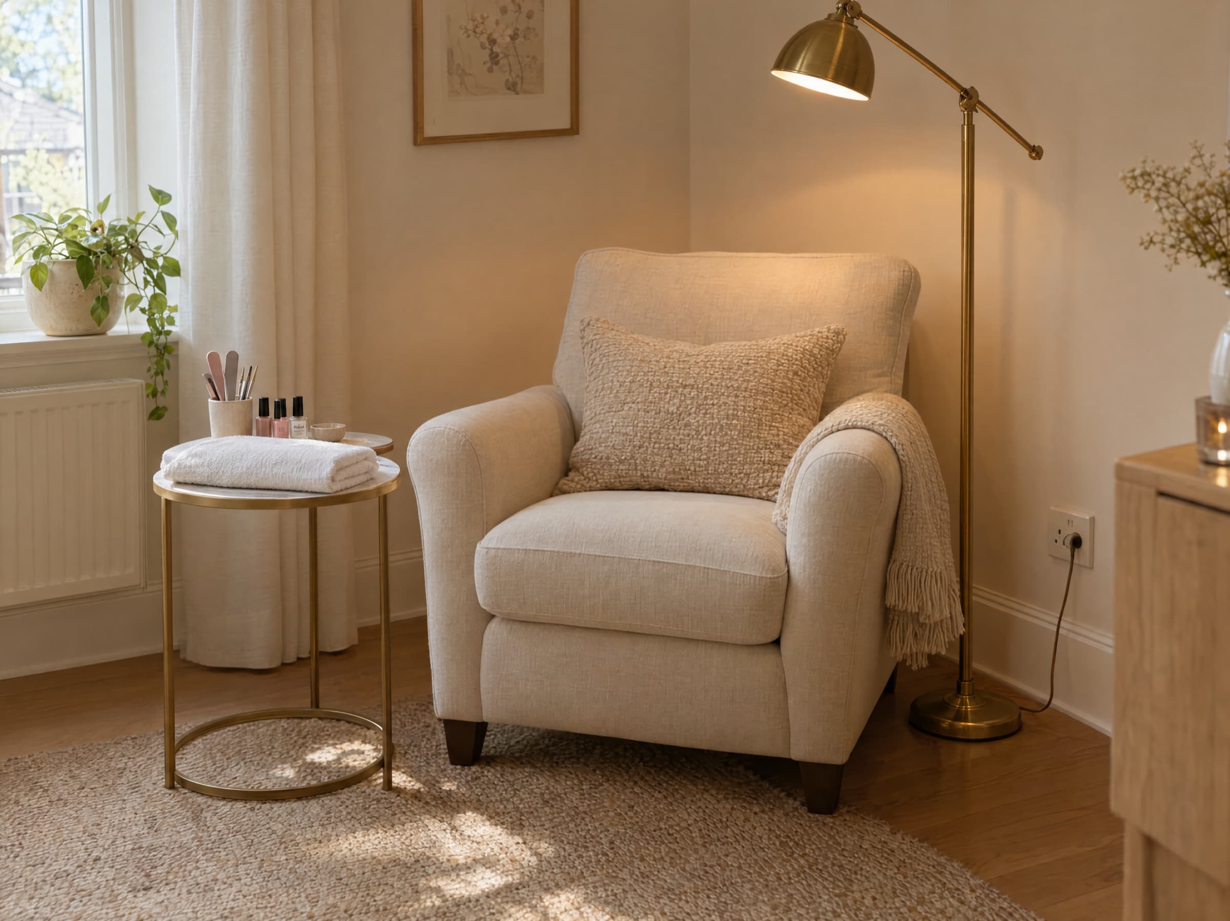A living room armchair with a small side table, a folded towel and a lamp turned on, ready for a home manicure